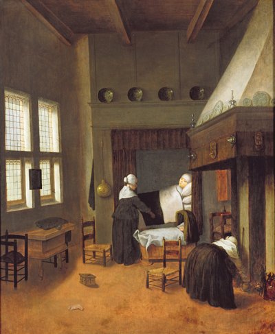 Schlafzimmerinterieur mit Mutter und Neugeborenem von Jacobus Vrel or Frel